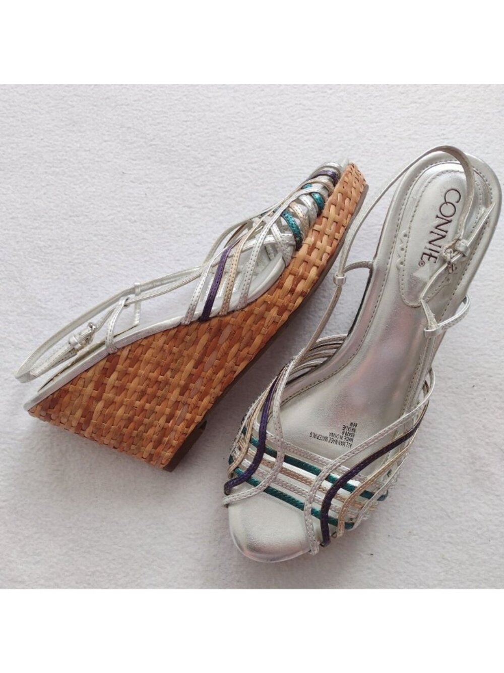 Connie Metallic Strappy Slingback Wedge 8.5 M Silver Straw Sandals - Picture 11 of 11